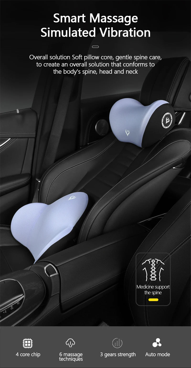 Car Electric Massage Neck Pillow Cushion Vibration Headrest Support Lumbar Seat Back Cushion Vehicle Supplies Travel Assecories