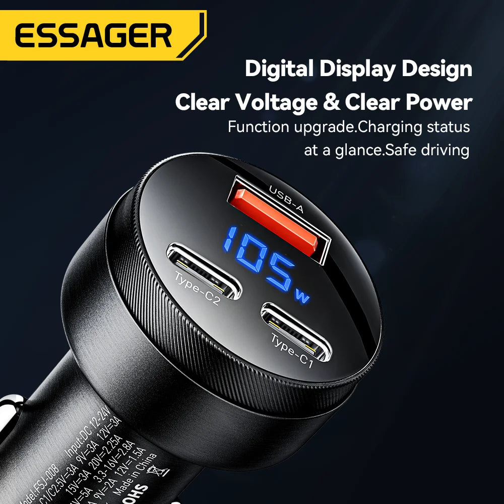 105W USB C Car Charger 3 Port PD 3.0 QC 4.0 Fast Charging GaN Adapter with Digital Display