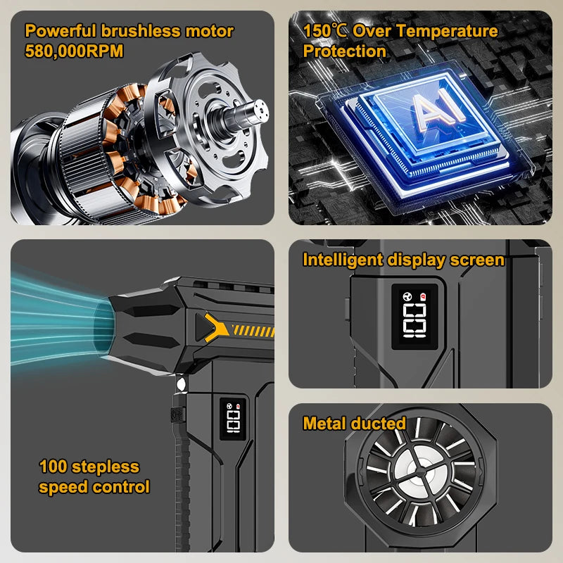 580000RPM Powerful Turbo Blower Usb Rechargeable Cordless Vacuum Cleaner  Strong Wind Pressure Led Lighting Car/ComputerCleaning