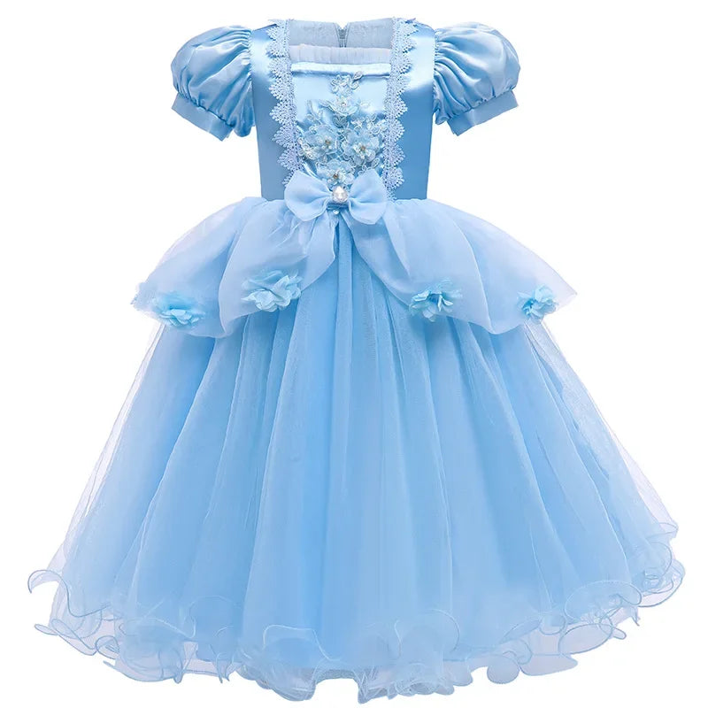 Summer Girls Flower Cosplay Costume Ball Gown Princess Kids Blue Clothes Dress Lace Mesh Birthday Party Clothes for Children