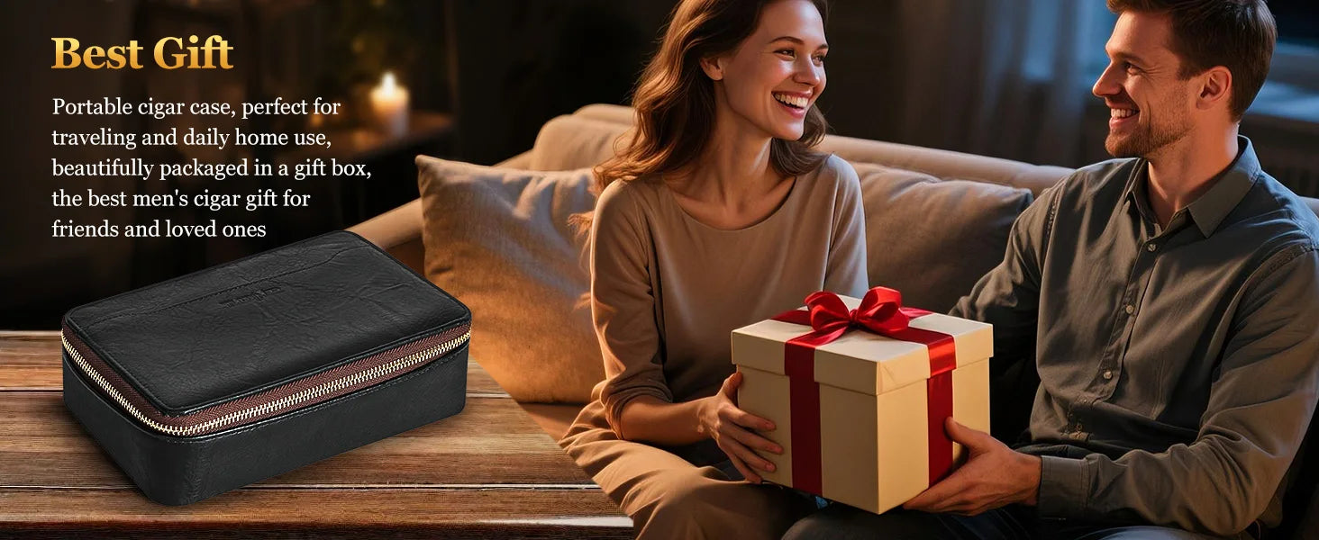 Cigar Humidor, Leather Travel Cigar Humidor, Include Cedar Wood Slot Tray, Cigar Draw Enhancer and Multifunction Cigar Cutter