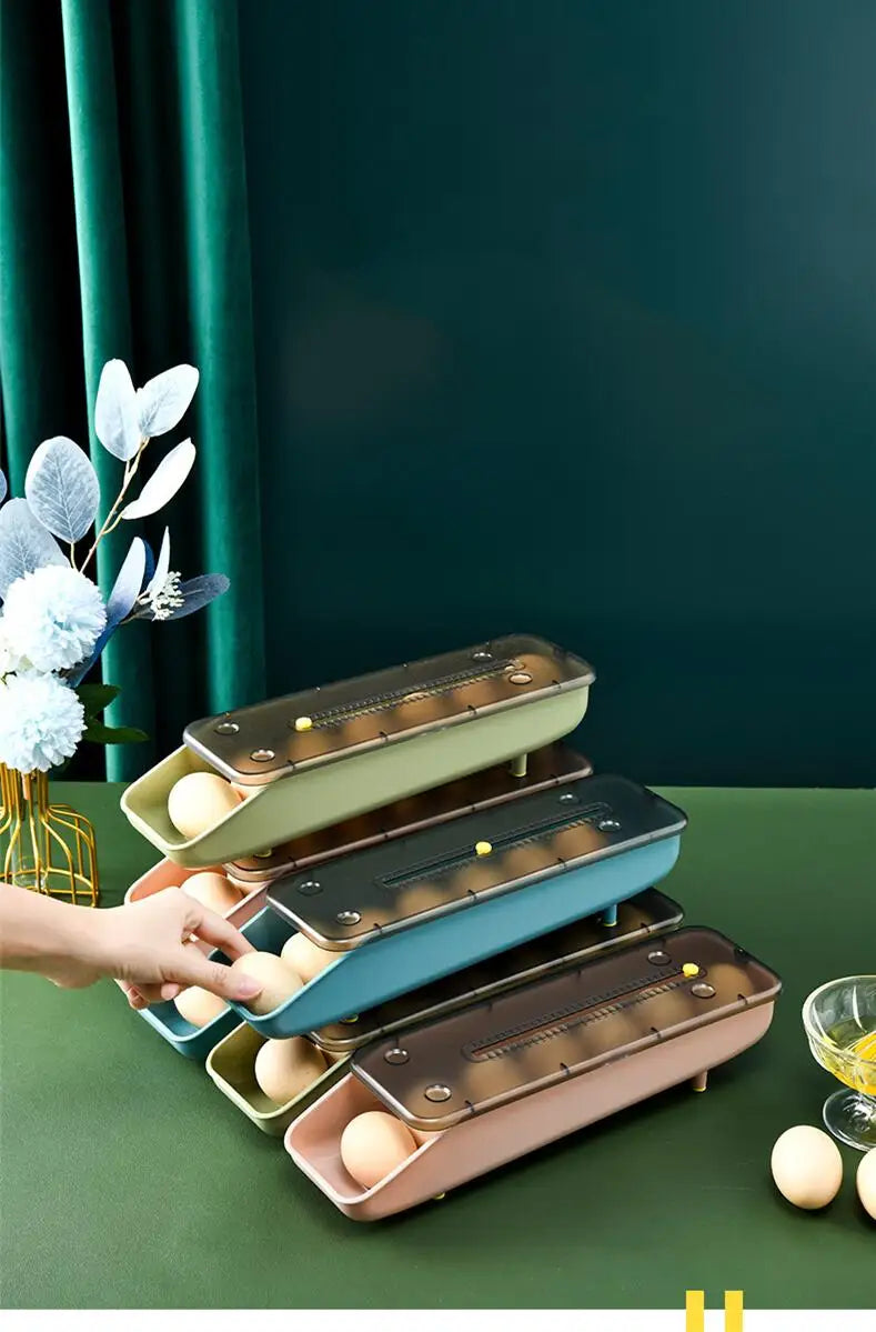 Automatic Rolling Egg Storage Box – Plastic Refrigerator Egg Holder Tray Kitchen Storage Container