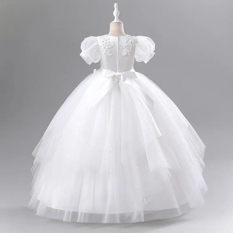 Girls Princess Ball Gown - Fluffy Tulle Party Dress for Flower Girl/Birthday/Pageant | Sparkly Puffy Sleeve Wedding Dress