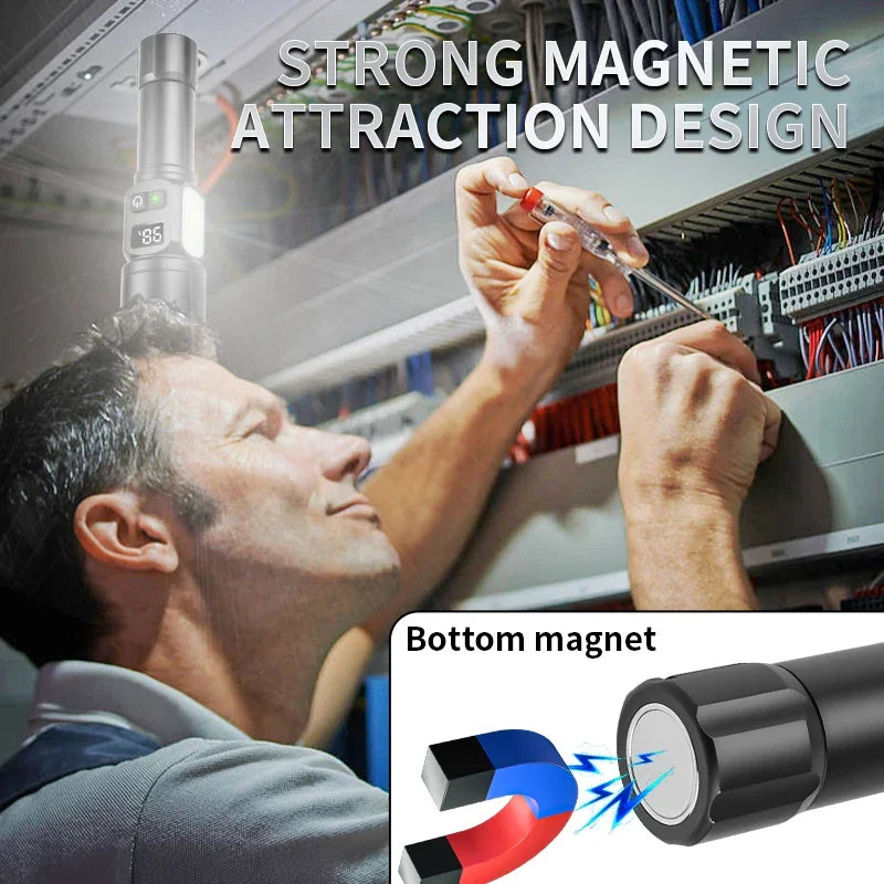White Laser High Power Rechargeable LED Flashlight with Digital Display Magnet COB Side Light Zoom Torch