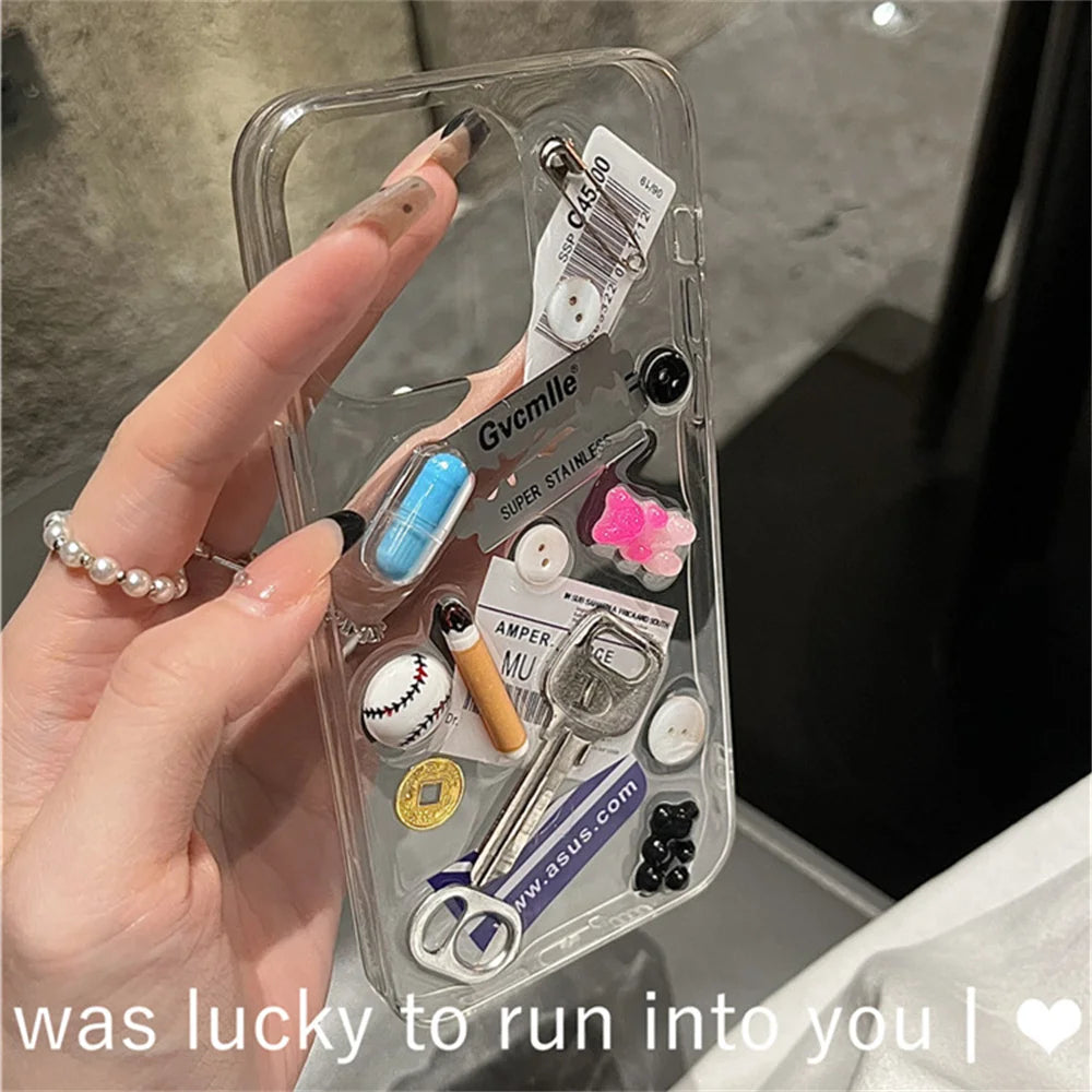INS Junk Blade Pin Button Key Clear Phone Case For iPhone 16 15 13 14 Pro Max Plus Baseball Label Lens Protect Soft Cover