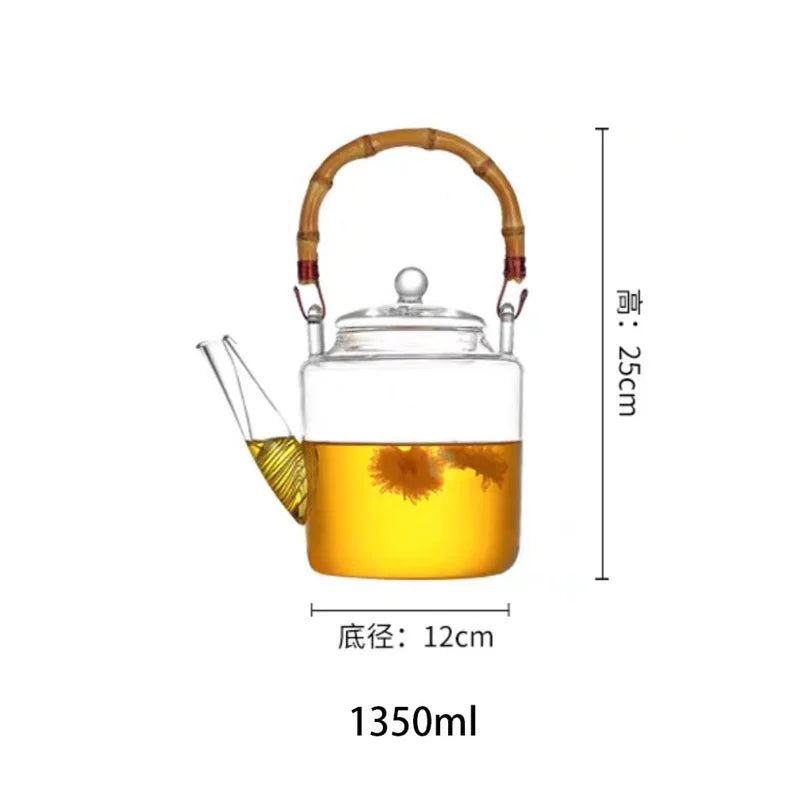 1350ml Bamboo Handle Beam Tea Pot Heat Resistant Glass Teapot With Filter Flower Tea Kettle Kungfu Lifting Beam Tea Pot Teaware