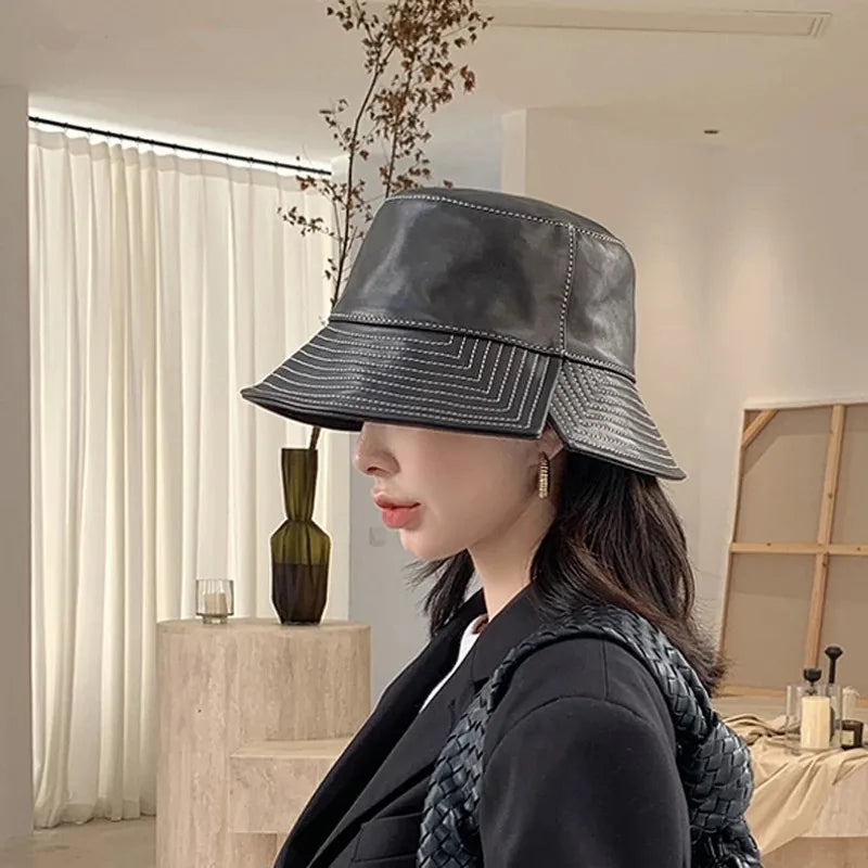 Novelty Female White Line Genuine Leather Big Brim Fisherman Caps Korean Fashion Lambskin Split Basin Sombreros