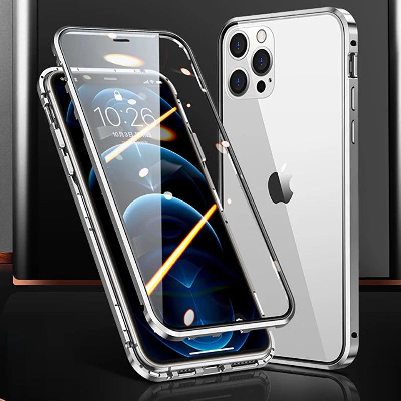 360°Full Protection Metal  Snap Lock Phone Case For iPhone 16 Pro Max 14 15 Pro Max Double-Sided Glass Bumper Case