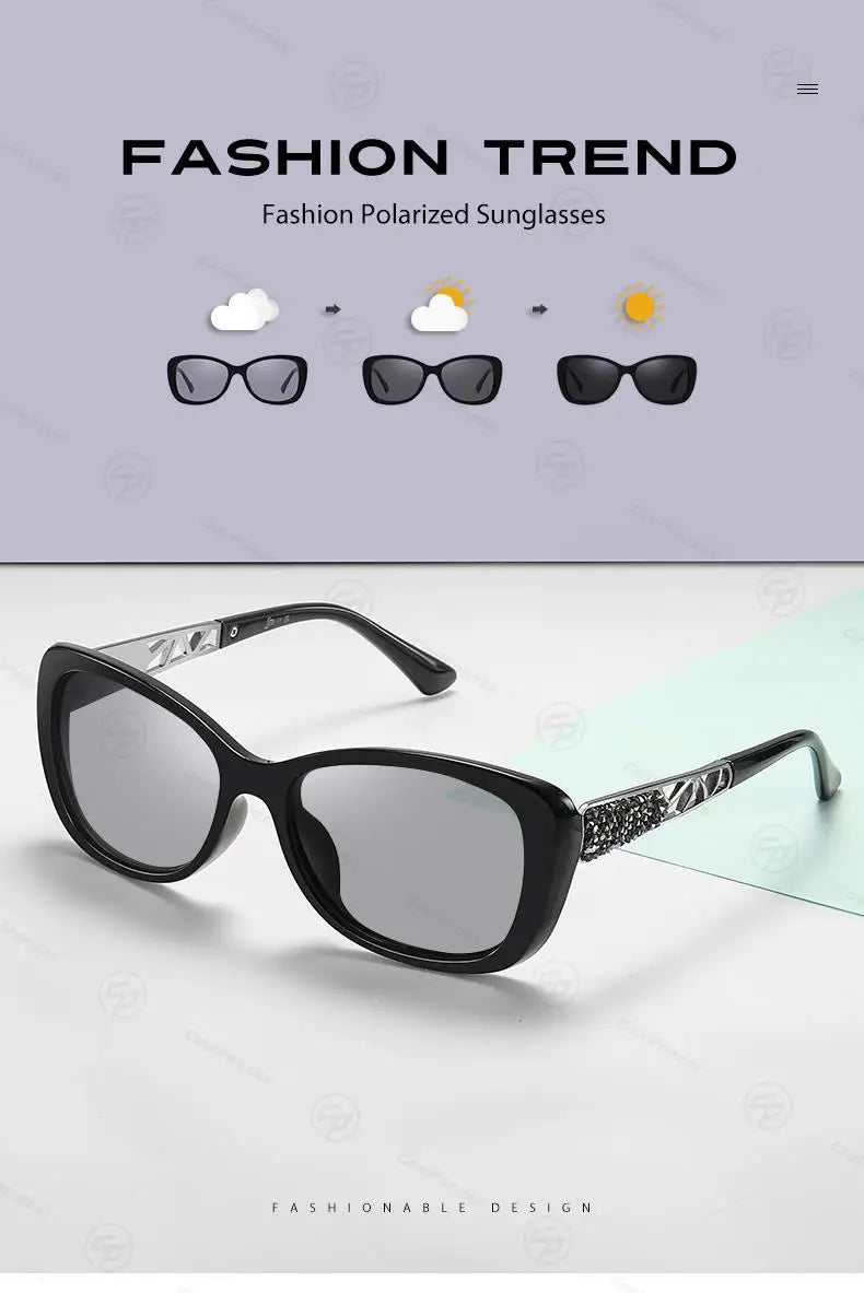Diamond Frame Photochromic Polarized UV400 Fashion Sunglasses for Women Travel Glasses