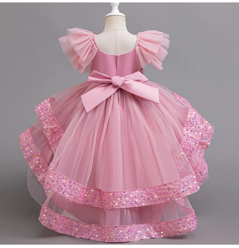 Sparkling Girls' Evening Gown - Sequin Dress with Train for Birthday Party & Piano Recital