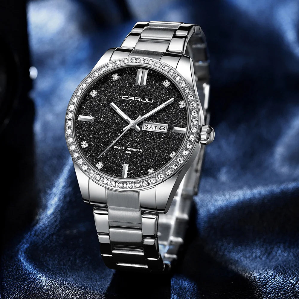 New Luxury Rhinestones Dial Watches with Stainless Steel Band Wristwatch with Auto Date and Luminous Relogio Masculino
