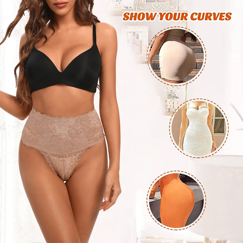 High Rise Body Shaper Shorts Shapewear Thong for Women Floral Lace Panties Tummy Control Slimming Seamless Underwear Butt Lifter