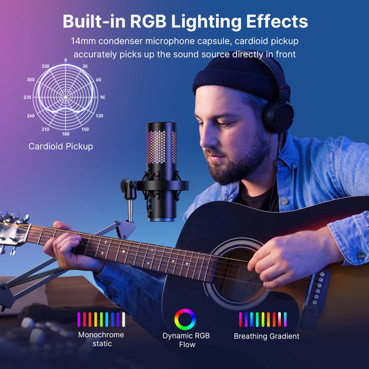 K5 USB Microphone for Gaming Live Streaming on PC Mac,Headphone Jack/Touch-Mute Button/RGB/AI Noise Reduction/Gain Control