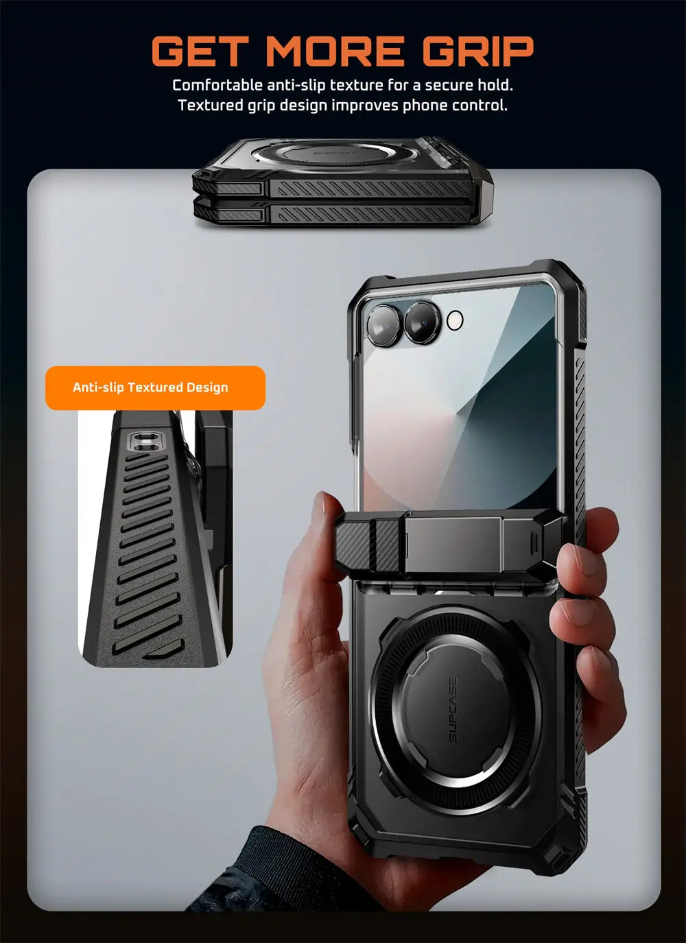 For Samsung Galaxy Z Flip 7 Case UB Grip Military-Grade Rugged Back Phone Case with Stand & Front Screen Protector