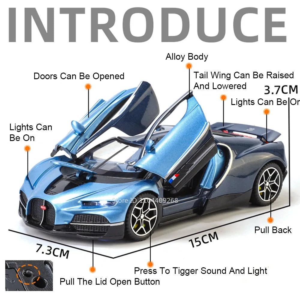 1:32 Scale Tourbillon Chiron Toy Sports Car Model Diecast Metal Sound Light Pull Back Simulation Vehicle Models Ornaments Gift