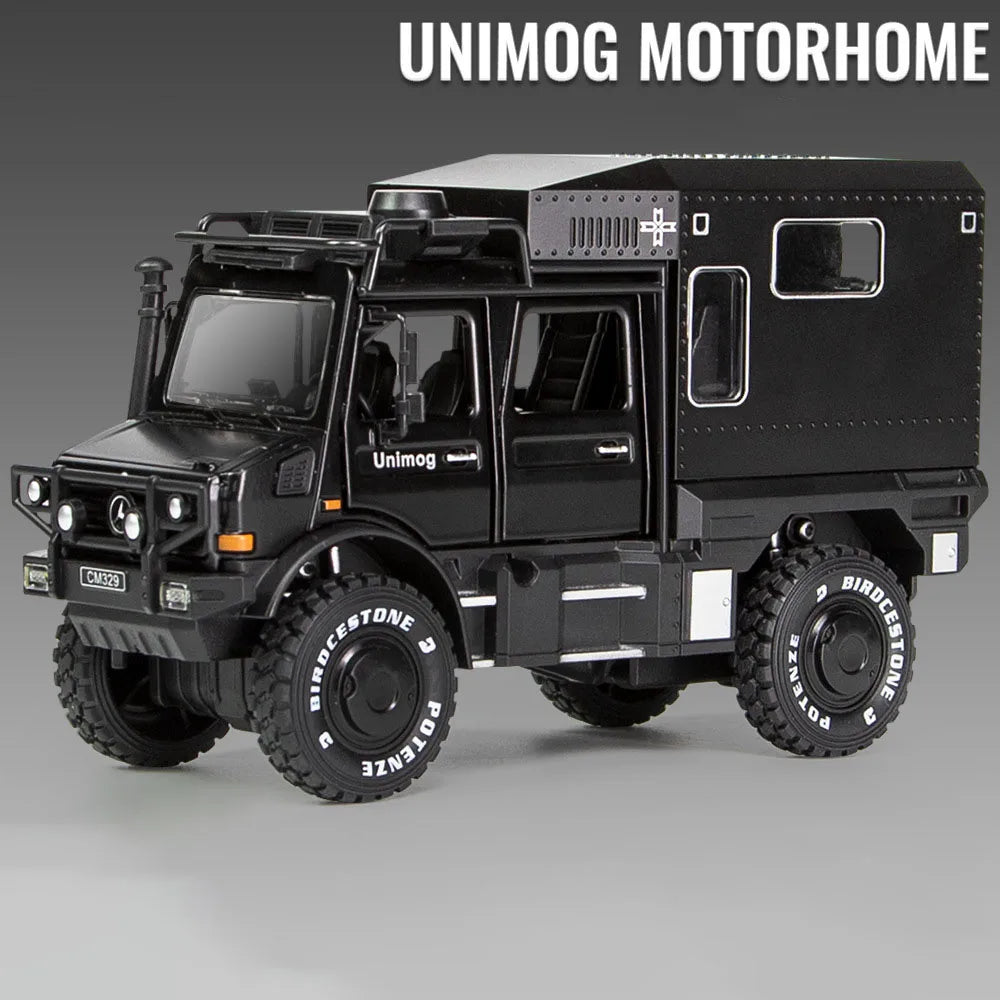 1:28 Scale X-Class 6x6 UNIMOG Motorhome Camping Car Model Toy Shock Absorption Sound Light Pull Back Off-road Vehicles Boys Gift