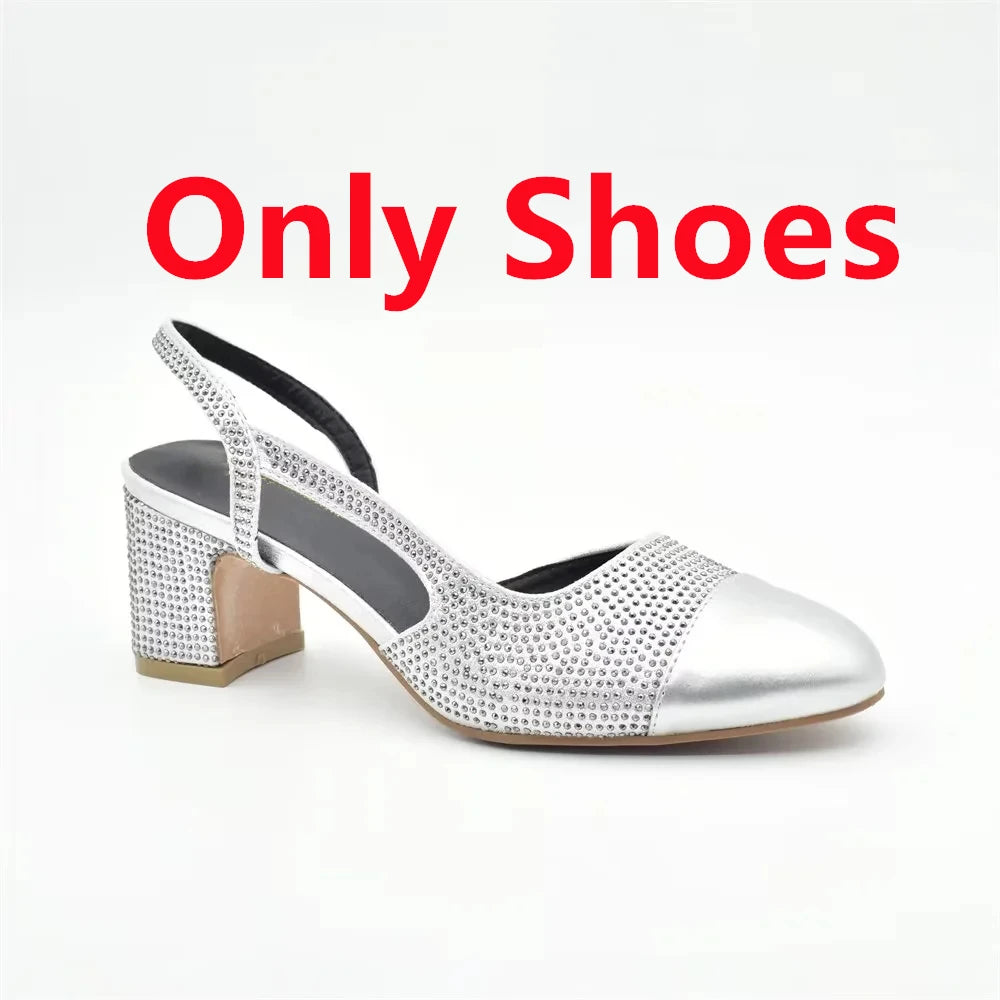 Silver Shoe and Bag Set for Party in Women Shoes and Bags Set for Women Italian African Women Wedding Shoes with Rhinestone