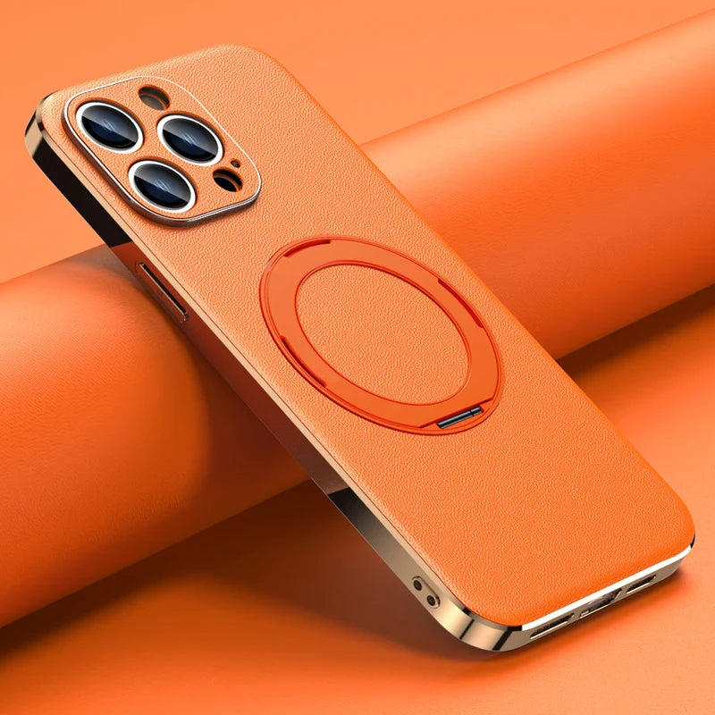 Leather for Magsafe Case for iPhone 16 15 14 Pro Max 16Pro Ring Luxury Lens Protection Holder Phone Back Cover