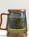 500ML Stripe Heat Resistant Glass Tea Water Separation Tea Cup With Wood Handle Filter Brewing Puer Cups Kung Fu Tea Mug Set