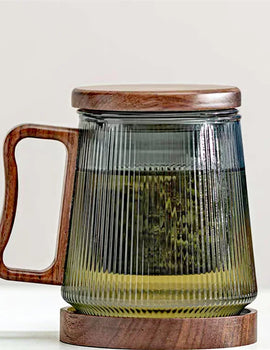 500ML Stripe Heat Resistant Glass Tea Water Separation Tea Cup With Wood Handle Filter Brewing Puer Cups Kung Fu Tea Mug Set