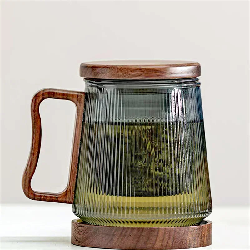 500ML Stripe Heat Resistant Glass Tea Water Separation Tea Cup With Wood Handle Filter Brewing Puer Cups Kung Fu Tea Mug Set