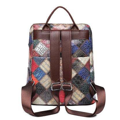 Patchwork Leather Backpacks Large Capacity Travel School Bag Retro Shoulder Bag Bagpack