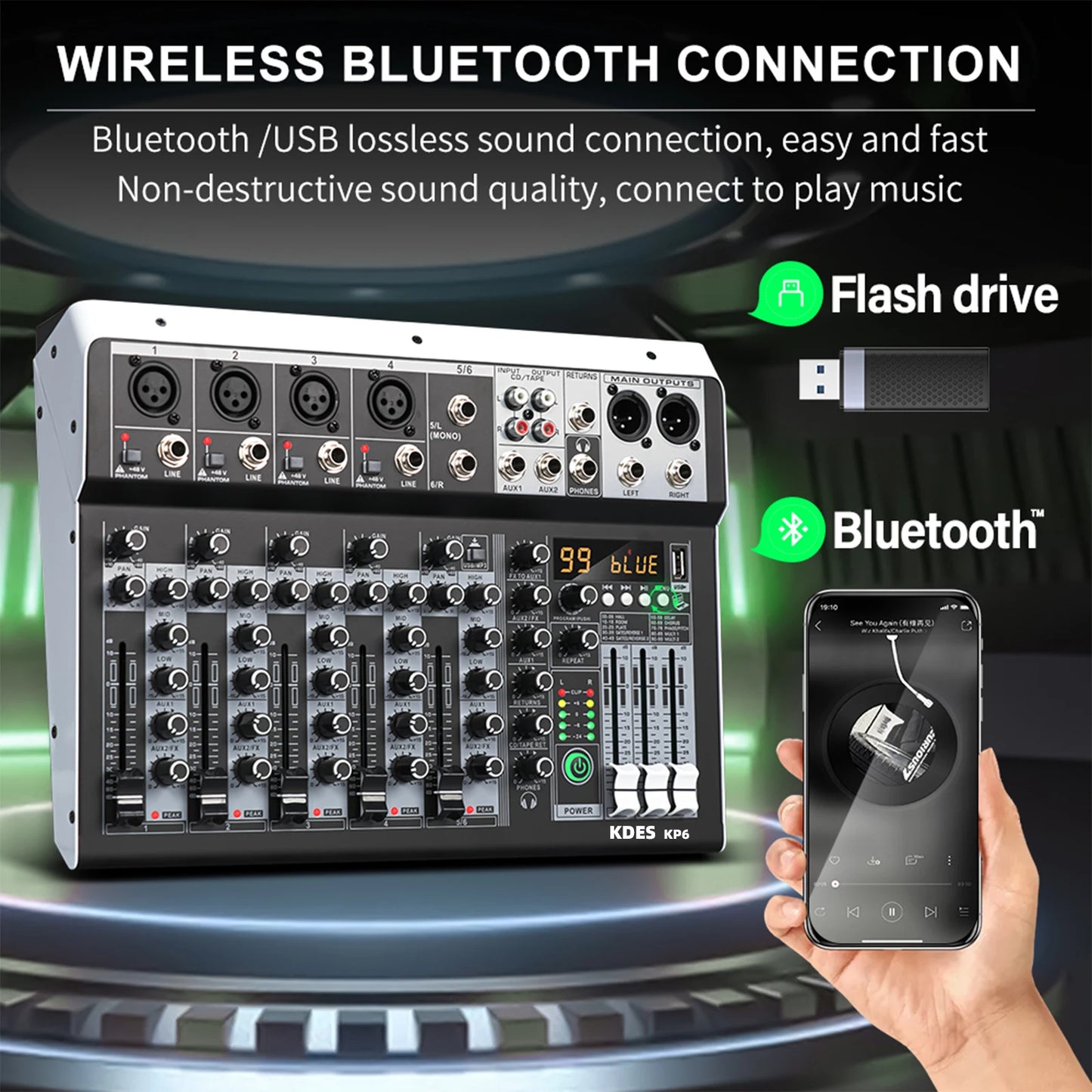 KDES KP6 Audio Mixer 6 Channel 99 DSP Effect Record PC 48V Phantom Power USB Sound Mixers Bluetooth DJ Console Mixing for Karaok