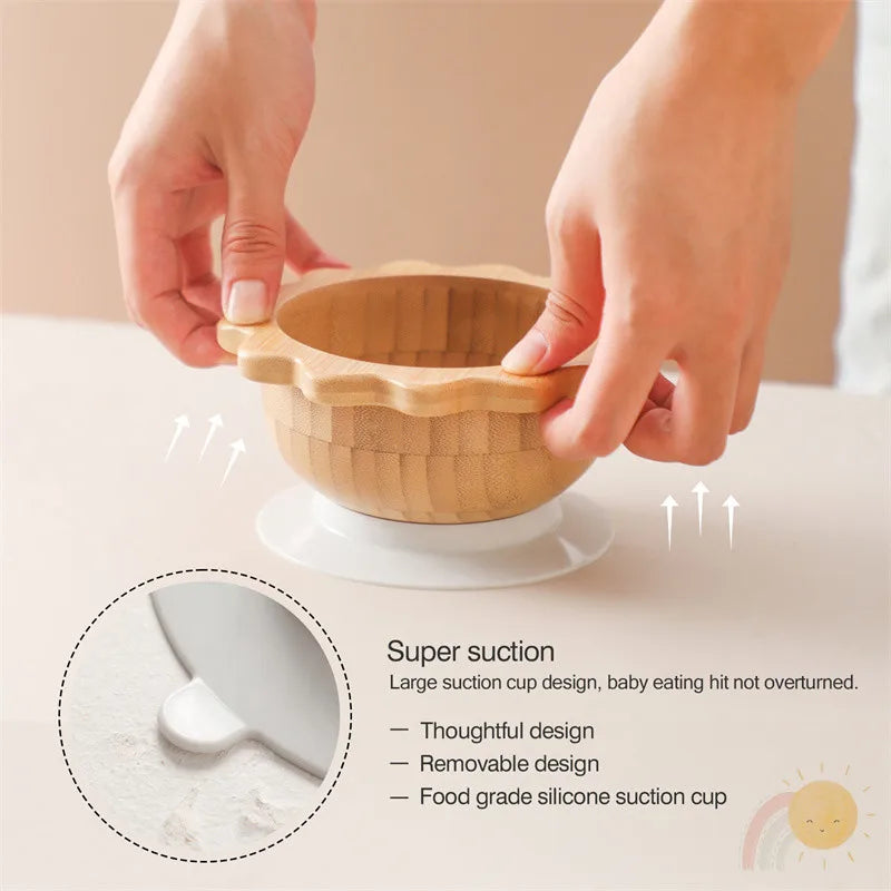 Baby Wooden Tableware Set Sun Bamboo Wooden Plate Bowl Silicone Suction Wooden Handle Fork Spoon for Newborn Feeding Supplies