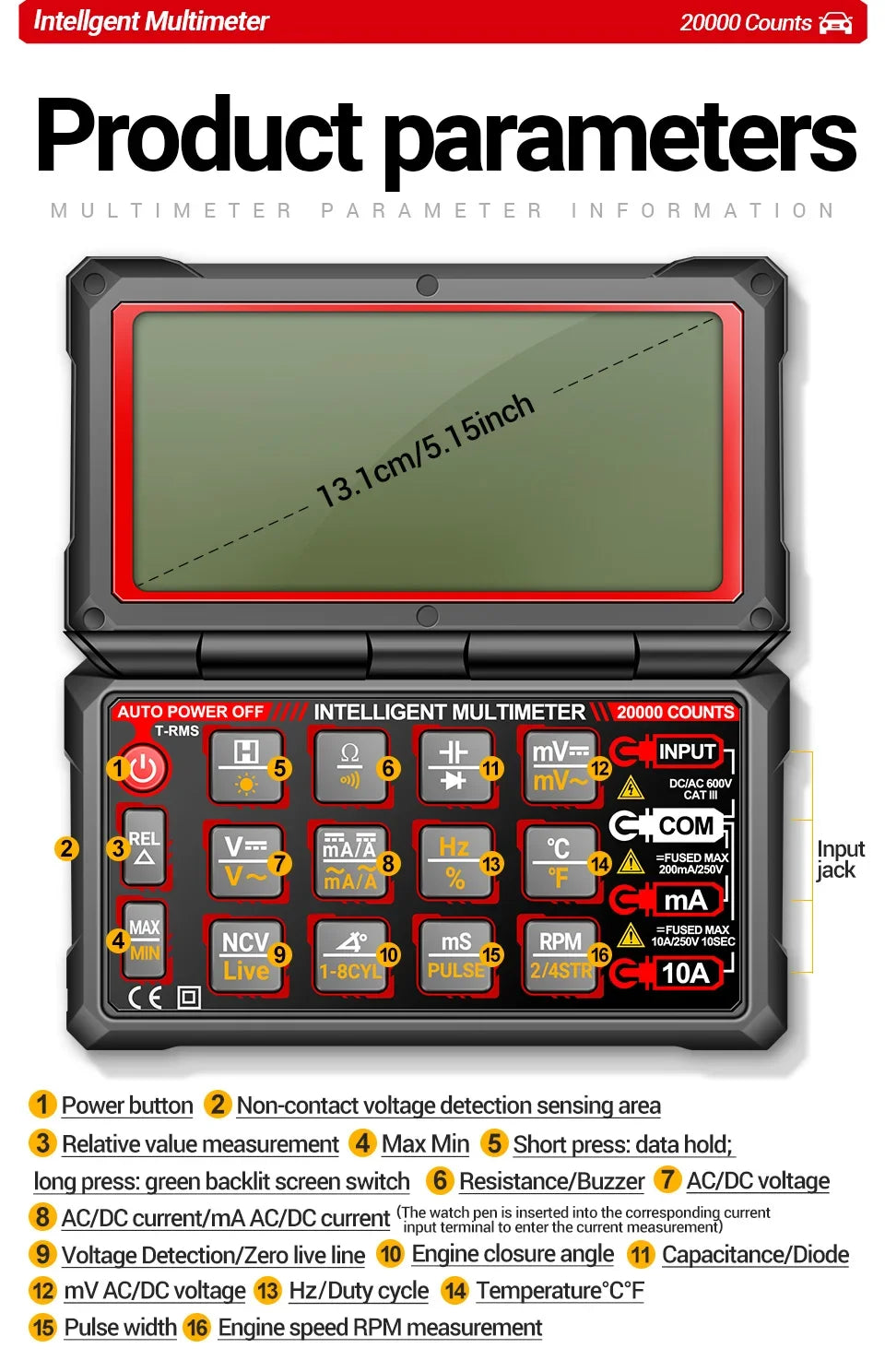 Smart Built-in Rechargeable Lithium Battery Car Multimeter Repair Tester 20000 Count Voltmeter Multitester Meter Tools