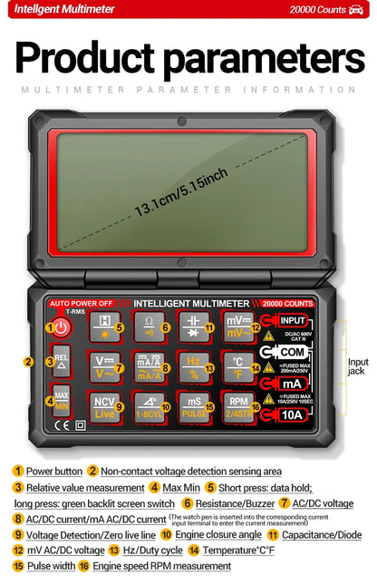 Smart Built-in Rechargeable Lithium Battery Car Multimeter Repair Tester 20000 Count Voltmeter Multitester Meter Tools