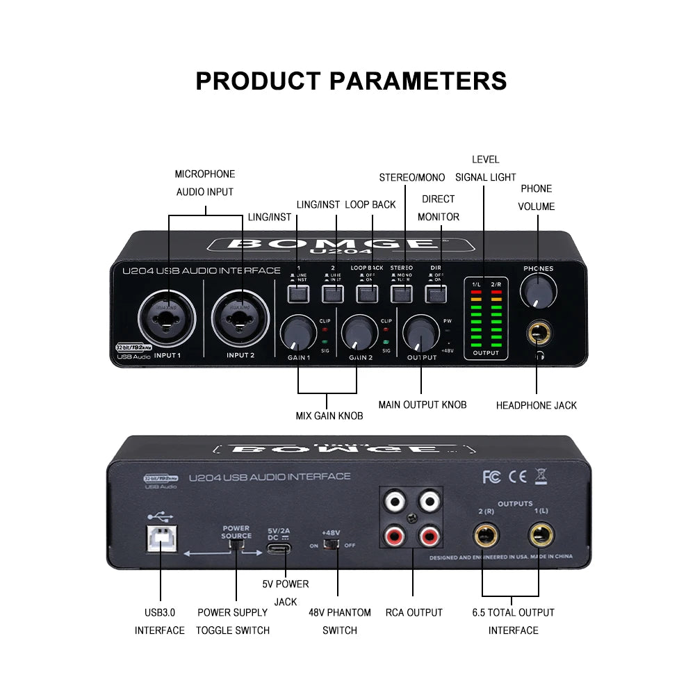 U204 USB Audio Interface with 32 Bit 192kHz Recording and 48V Phantom Power
