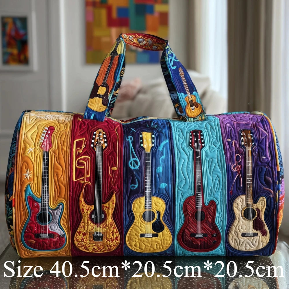 3D Printed Quilted Music Tote Bag Guitar Piano Floral Rose Design Travel Duffle Bag Carry on Luggage Unique Weekender Bag