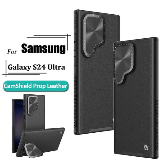 Luxury CamShield Prop Leather Case For Samsung Galaxy S24 Ultra Case Alloy Camera Flip Bracket Shockproof Back Cover