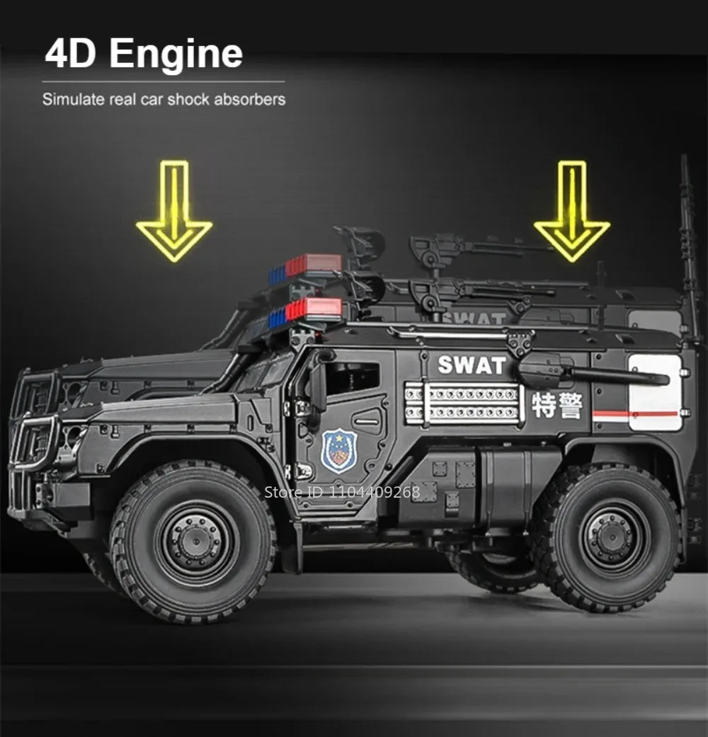 1:32 VDV SWAT Sabertooth Armored Car Model Toy Shock Absorption Police Cars Music Light Off-road Vehicle Sound Light Boys Gifts