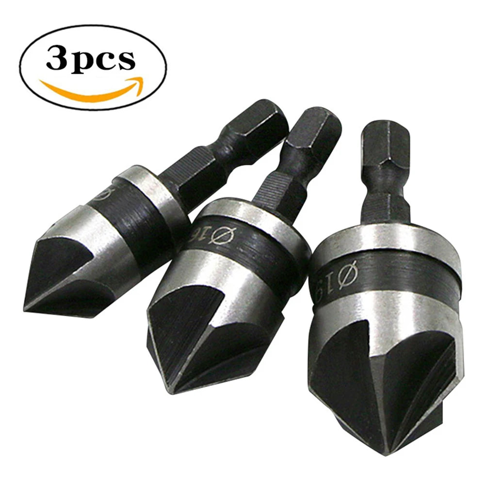 3pcs 90 Degree Hexagonal Handle 12/16/19mm 5-Flute Chamfering Tool Set WoodWorking Drill Bit Cutter Countersink Drill Bit Set
