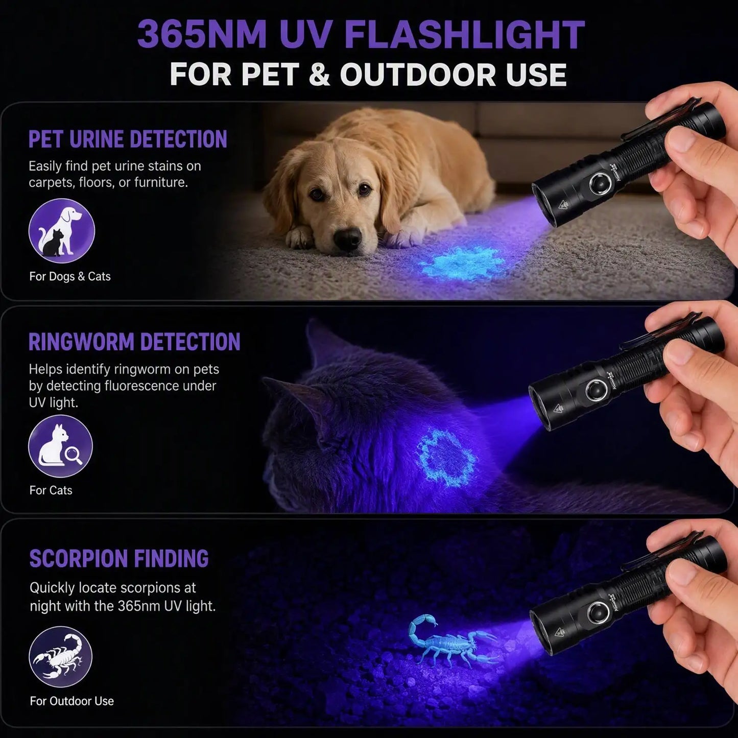 20W 365nm UV Rechargeable Blacklight Flashlight