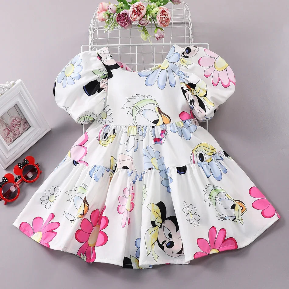 Mickey Mouse Daisy Cartoon Puff Sleeve Clothes Summer Baby Girl Casual Dress Girls Backless Cute Princess Dresses