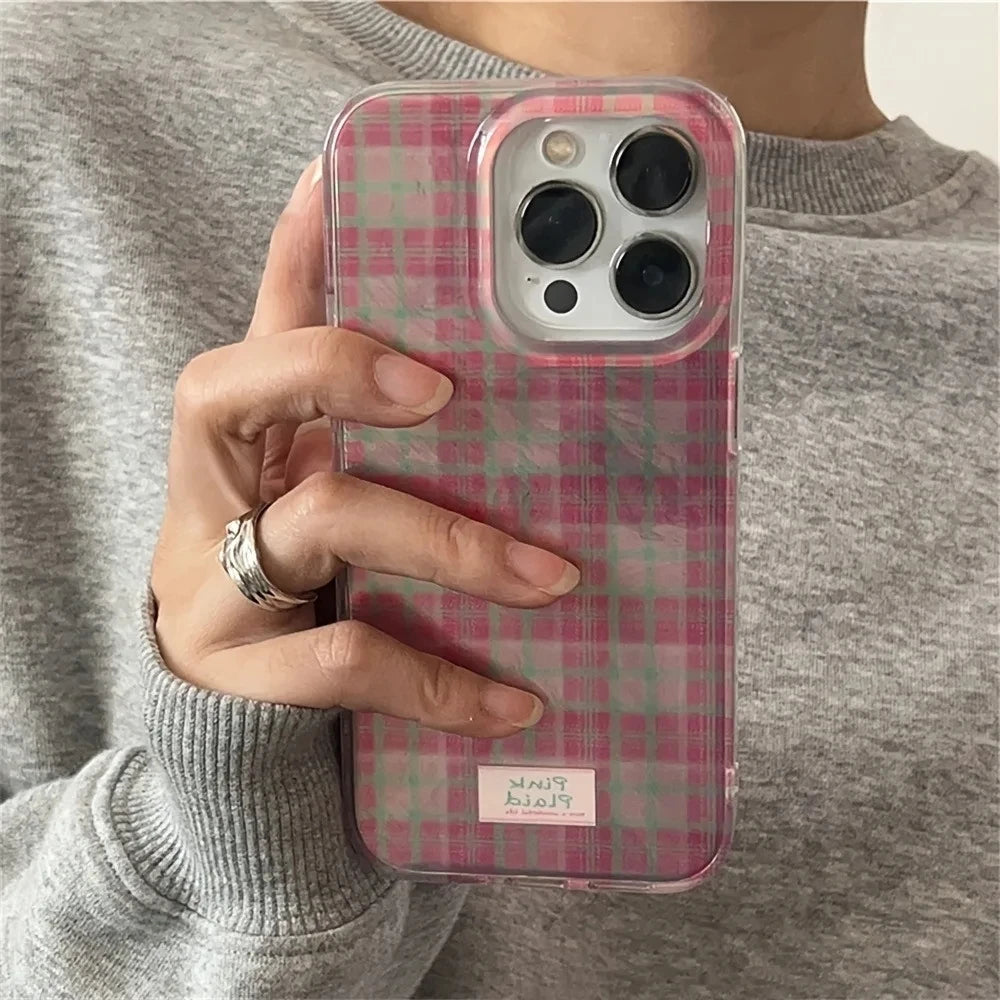 Dopamine Color Block Match Plaid Phone Case For iPhone 17 16 15 14 16E Grid Label Matte Cover