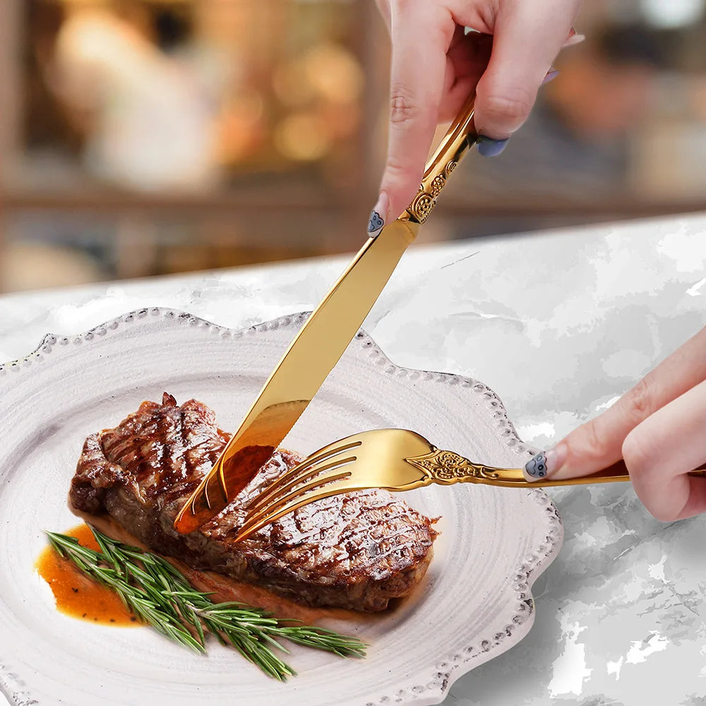 Luxury Spoon and Fork Set Stainless Steel Gold Cutlery Set Food Grade Upscale Royal Tableware European Steak Knife Kitchen Items