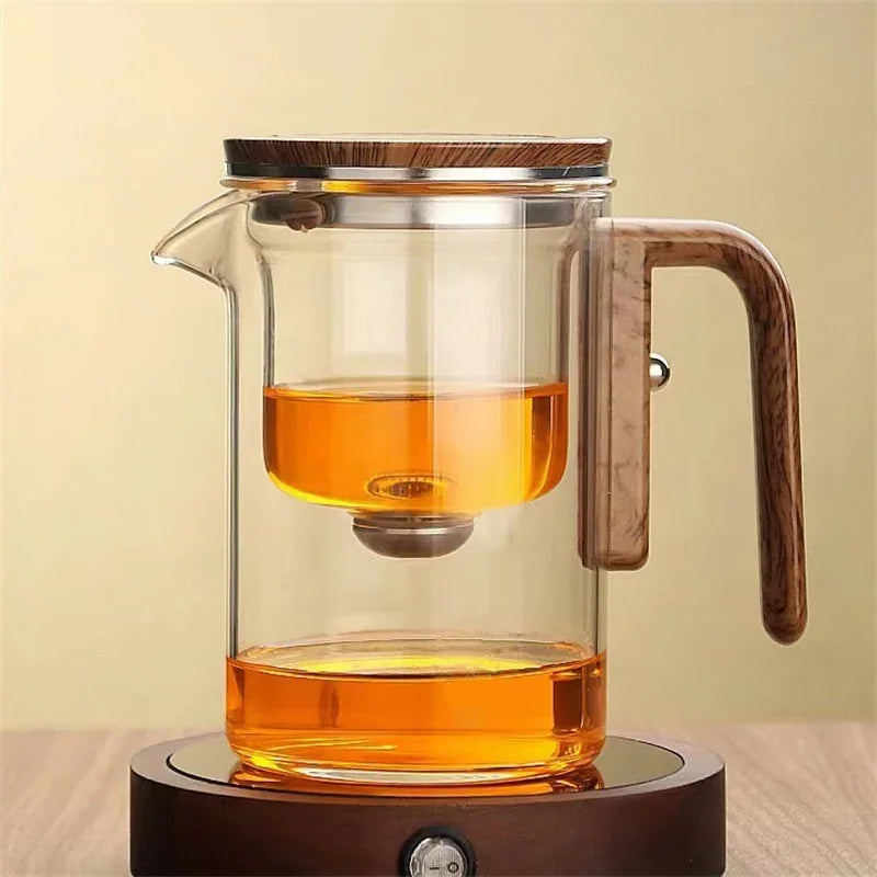 One Click  Switch Tea Separation Filtration Glass Tea Pot Wood Handle Tea Water Separation Inner Container Teapot