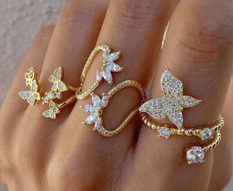 Cute Style White Color CZ Zirconia Leaf Open Rings Geometric Adjustable Ring