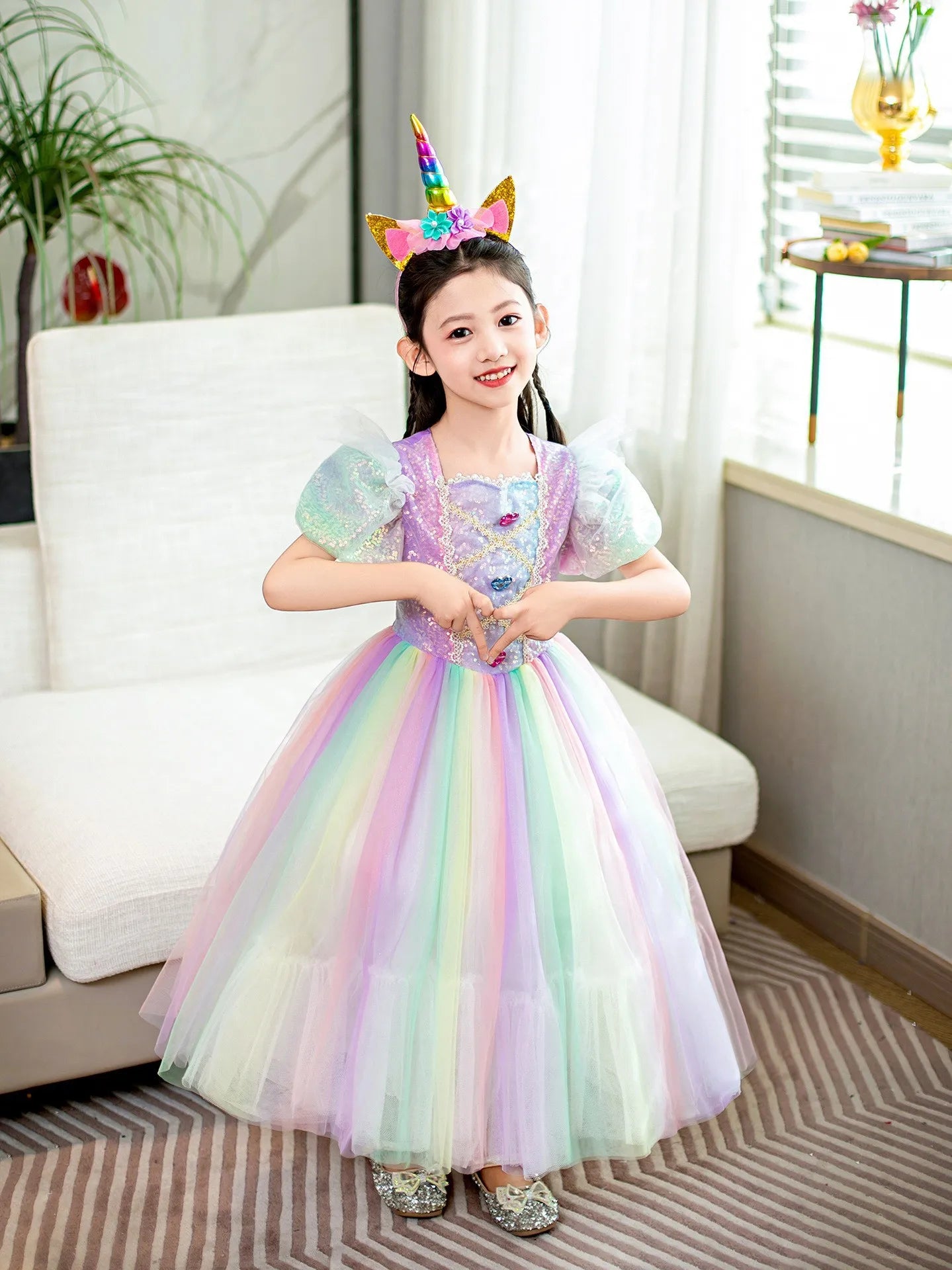 Rainbow Gradient Princess Ball Gown with Puff Bubble Sleeves