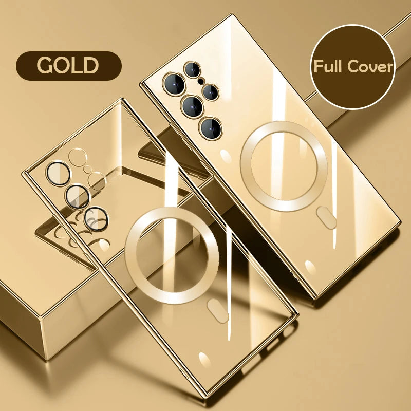 Plating Shockproof For Magsafe  Wireless Charging Case For Samsung S24 S23 Ultra S22 S21 Plus Note 20 Transparent Cover