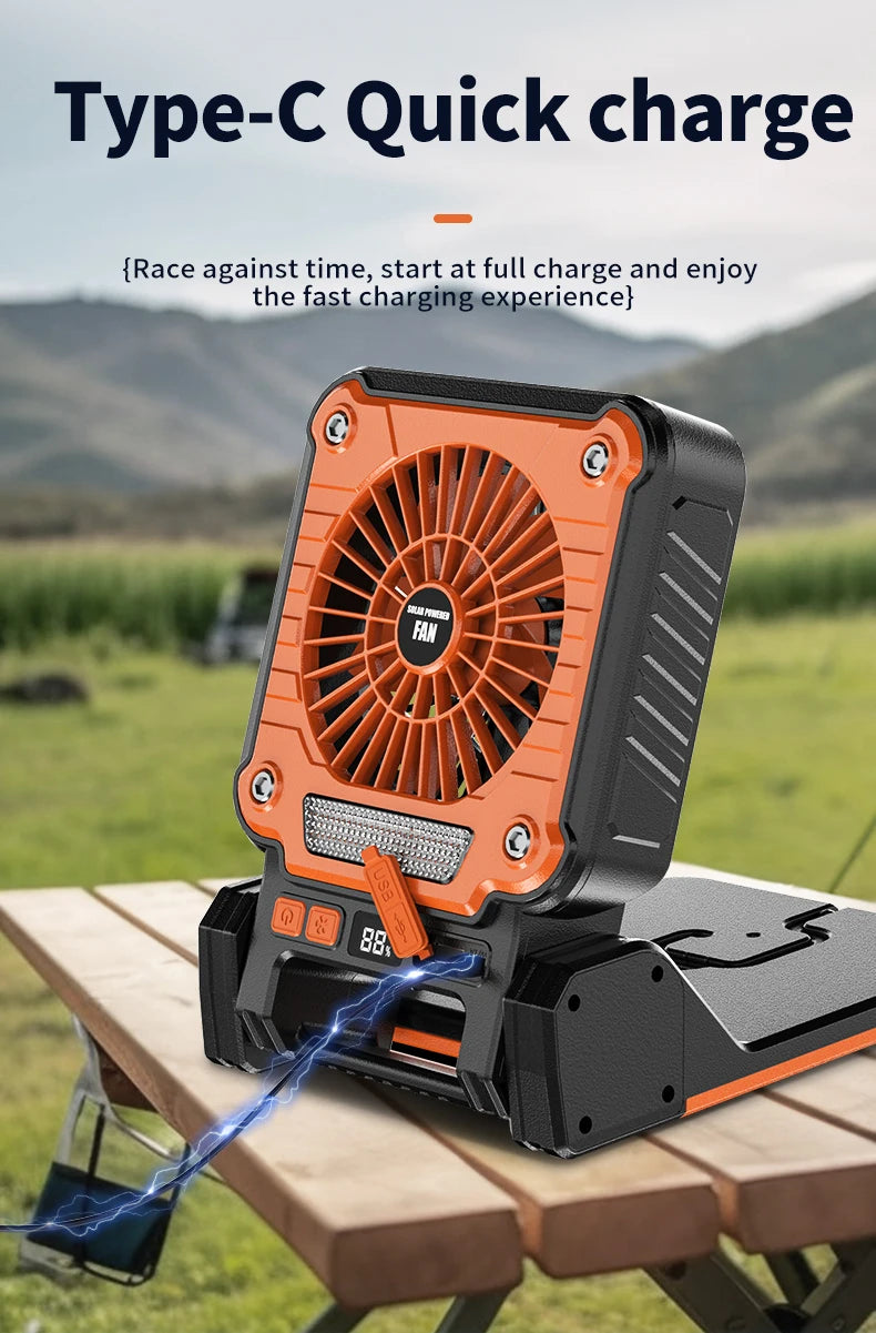 Outdoor Solar Rechargeable Camping Fan Light Foldable Tent Lantern with LED Light USB Portable