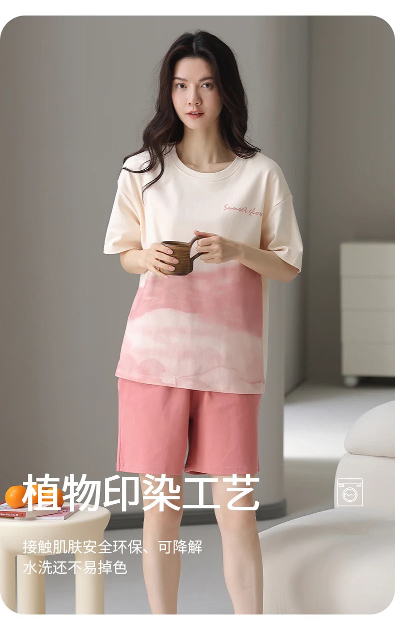 2-Pcs Women’s Cotton Pajama Set – Breathable Short Sleeve Summer Sleepwear with Cute Prints