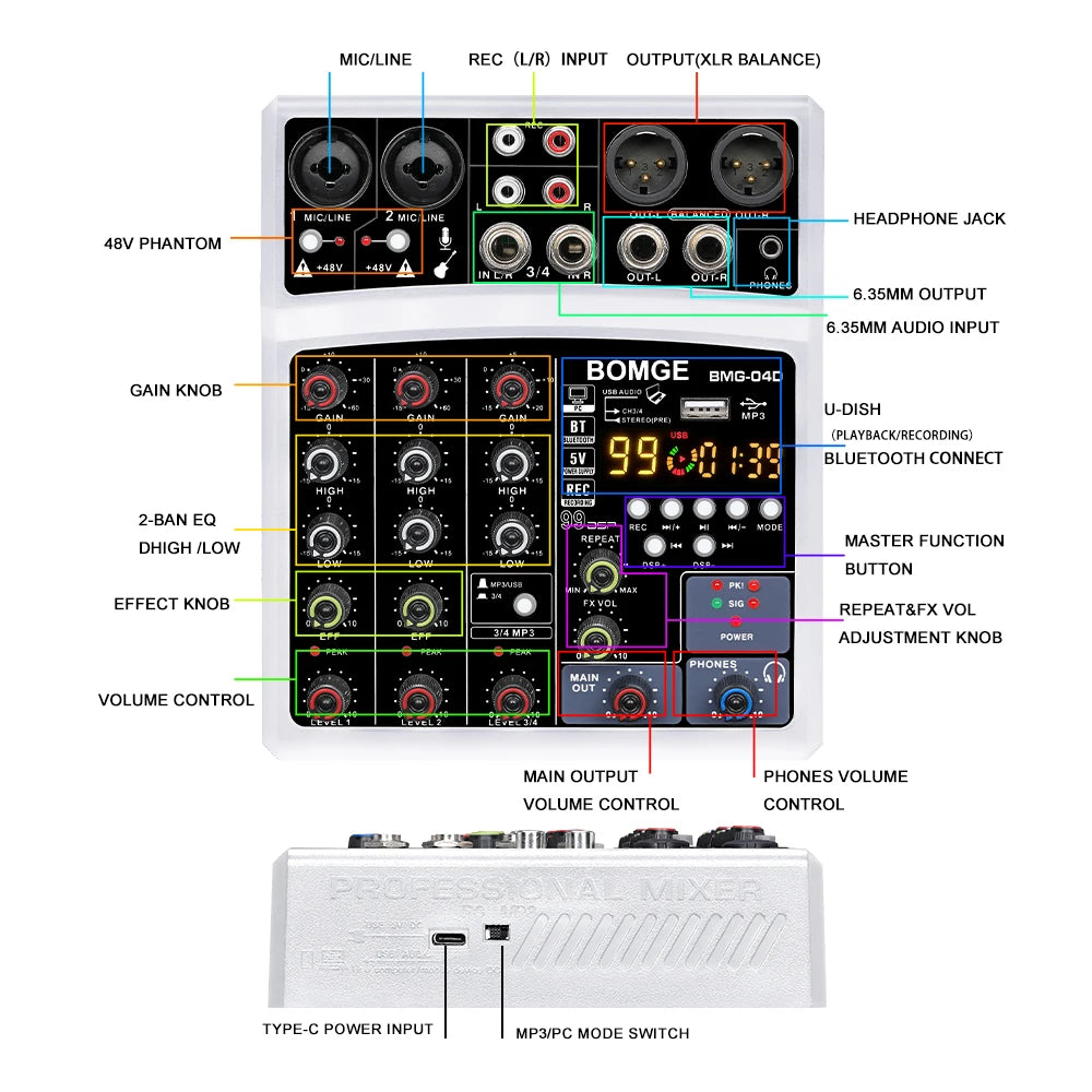 4 Channel Audio Mixer Console with USB 48V Phantom Power and 99 DSP Effects