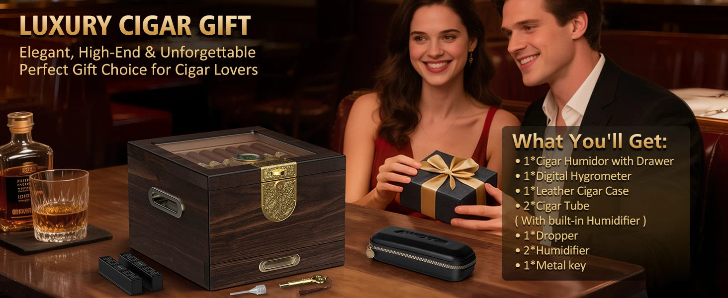 Cigar Humidor, Cedar Wood Cigar Box, Includes Leather Cigar Case, Cigar Tube, Digital Hygrometer and 2 Humidifiers, Gift Set