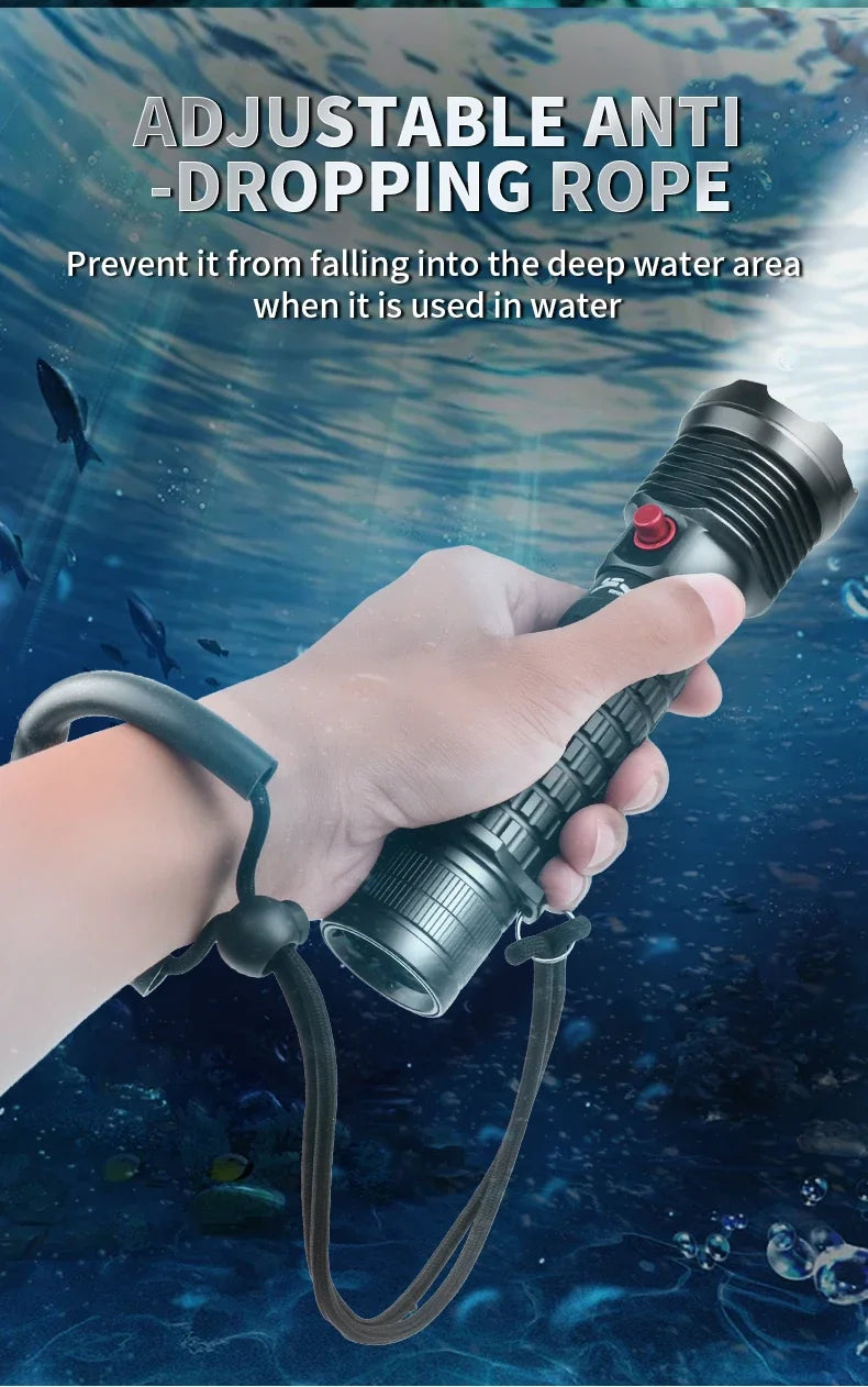 Rechargeable Diving Flashlight IPX8 Waterproof Underwater LED Torch Strong Light Dive Lamp