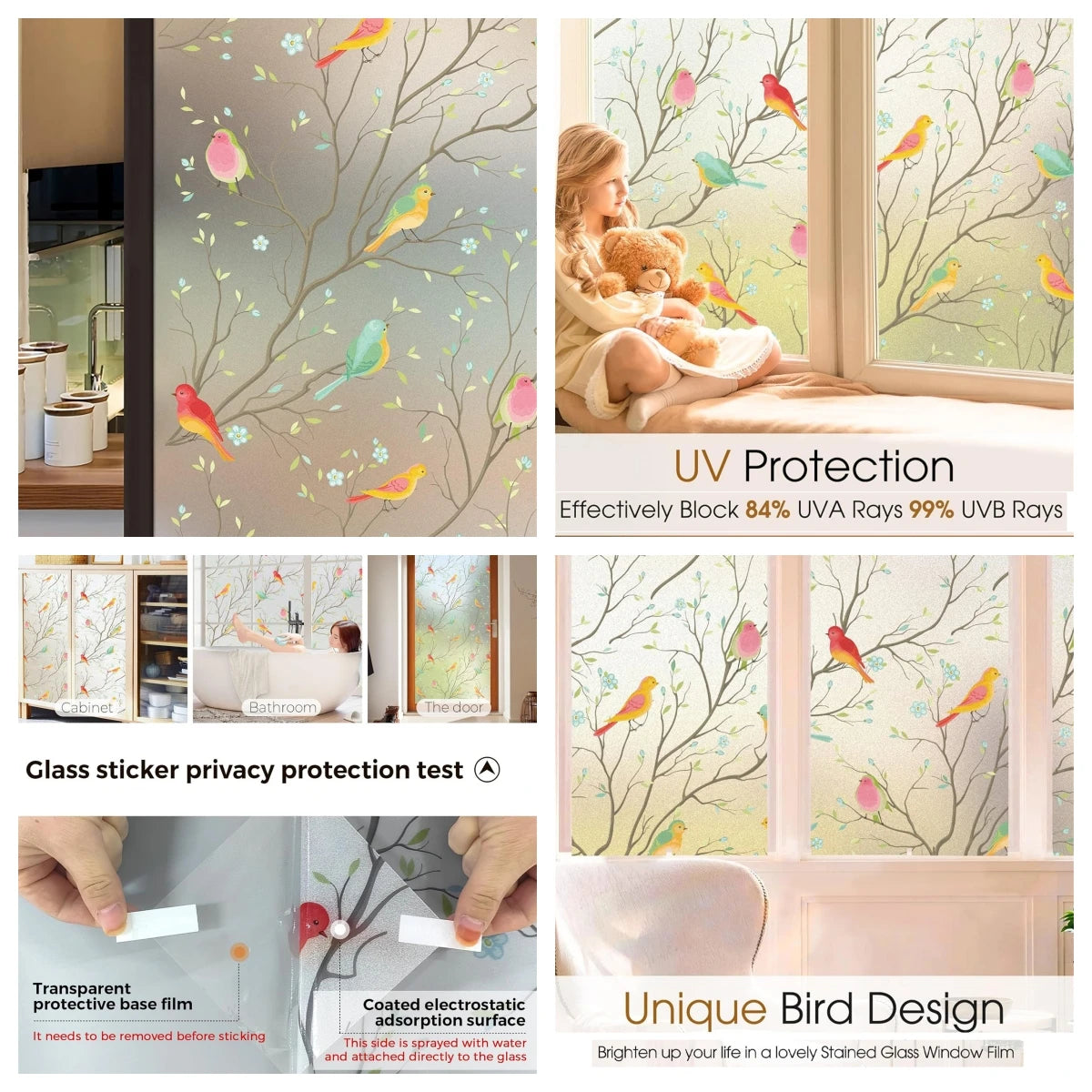 45/60/90Cm Rainbow Window Privacy Film 3D Decorative Vinyl Stained Glass Decals Static Cling Non-Adhesive Window Film Stickers
