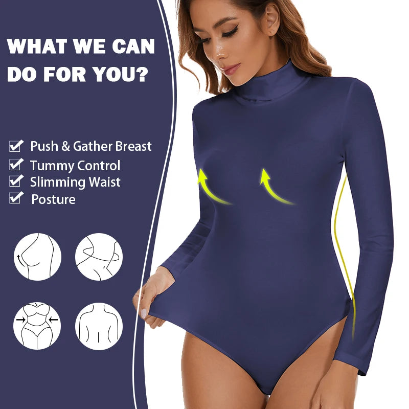 Bodysuit for Women Tummy Control Waist Shapers Long Sleeve Bodysuits High Collar Shapewear One-Piece Slimming Tops